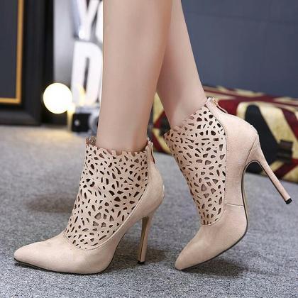 Nude Ankle Boots Pointed Toe Carved Cut-outs..