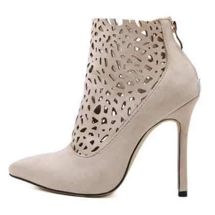 Nude Ankle Boots Pointed Toe Carved Cut-outs..