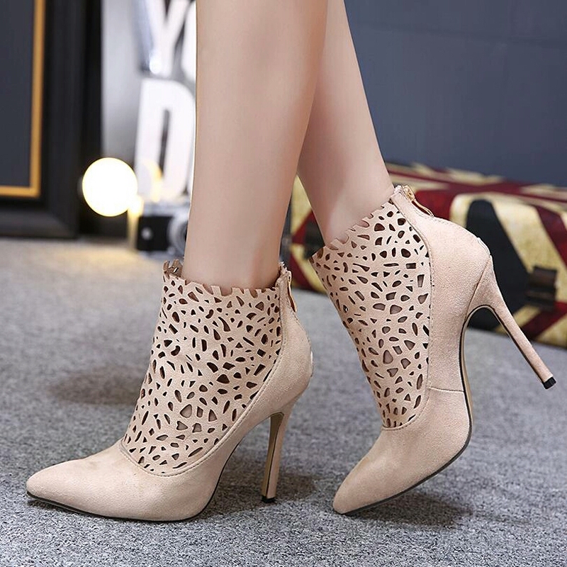 Nude Ankle Boots Pointed Toe Carved Cut-outs Women's Shoes